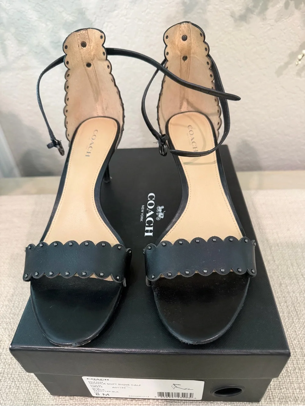 Coach Black Scalloped Ankle-Strap Heels with Stud Accents